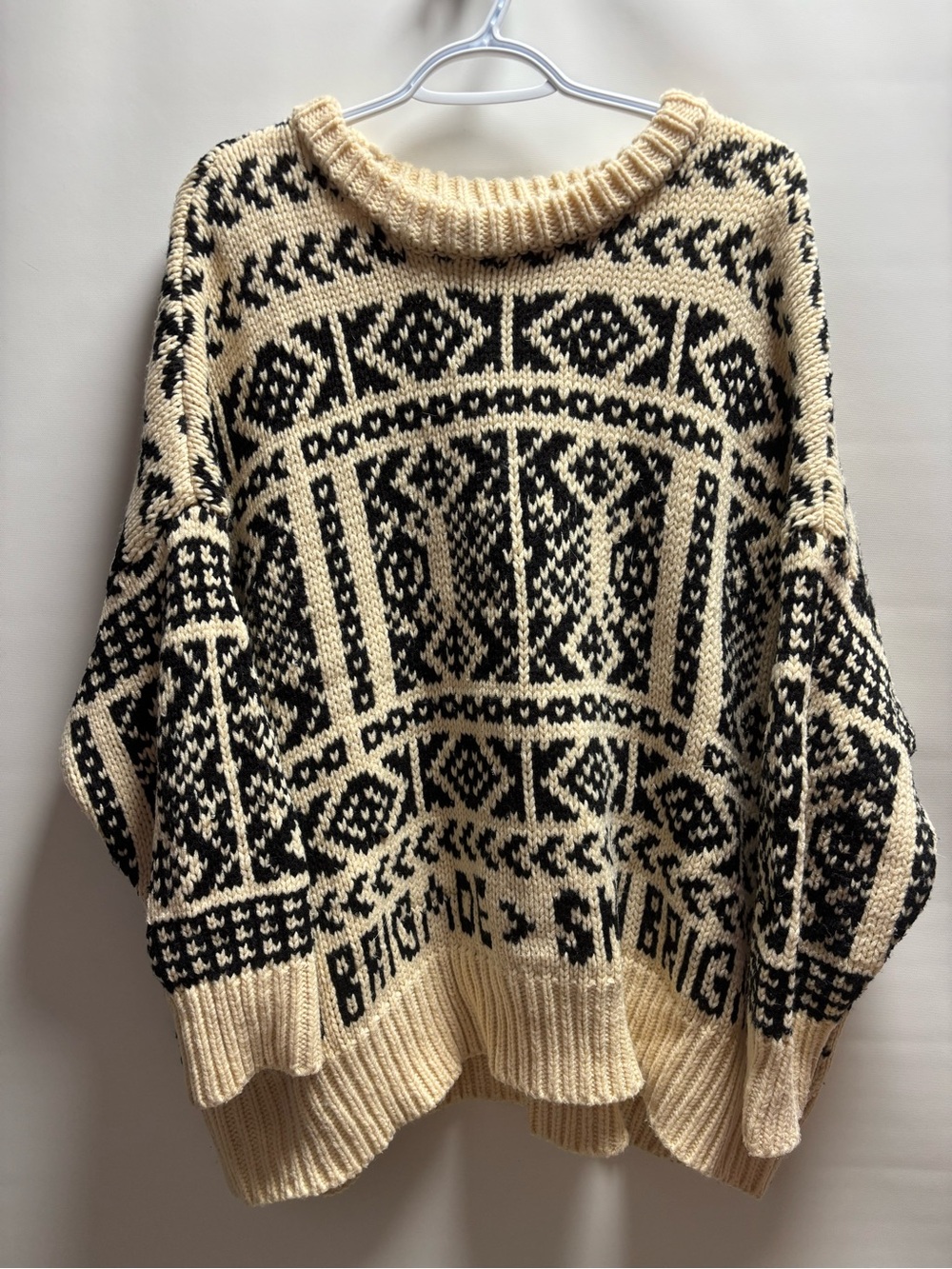 Zara Cream and Black Crewneck Patterned Sweater oversized